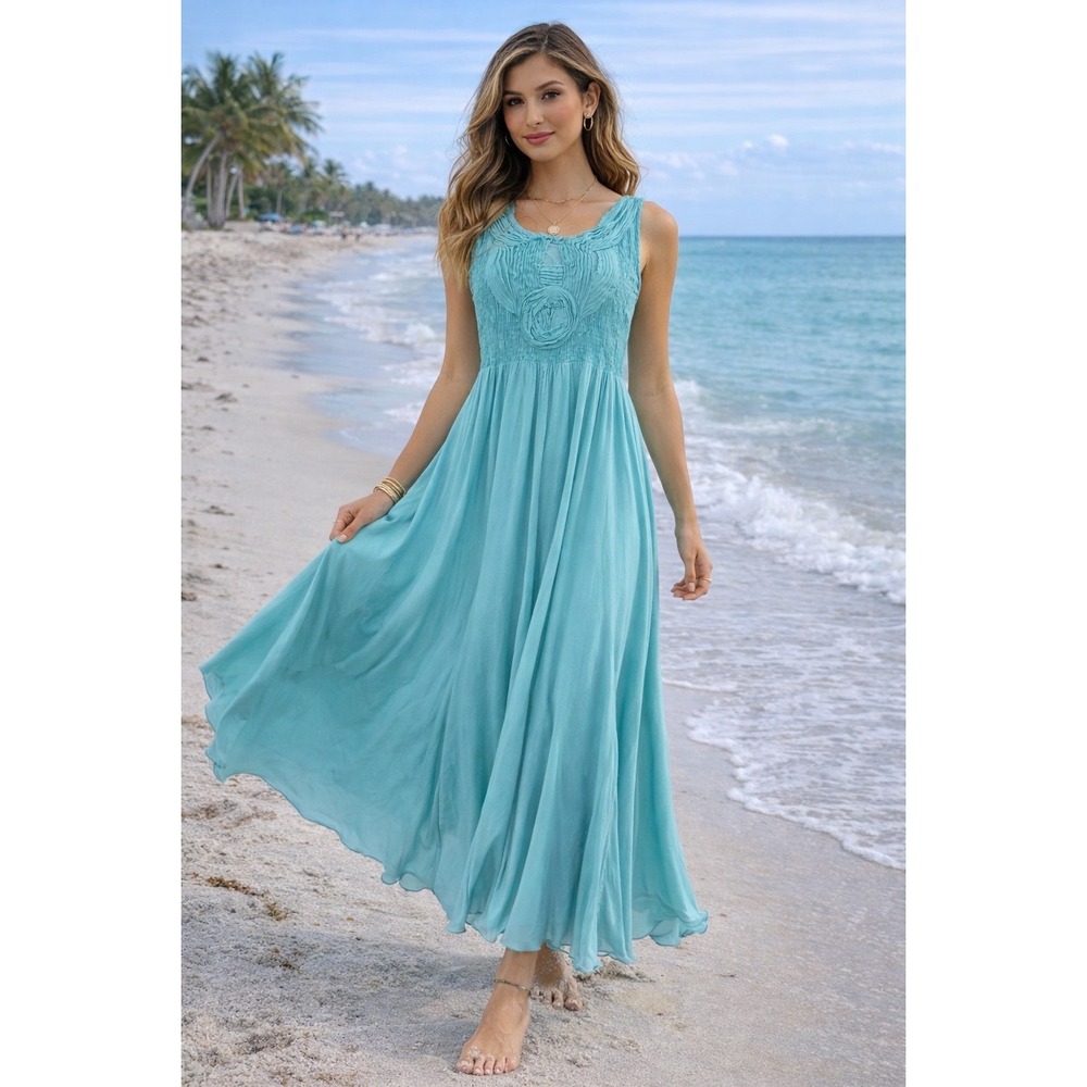 Soft Surroundings Maxi Dress XS Turquoise Aqua Boho Flowy Sleeveless Smocked